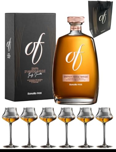 Bonollo Grappa di Amarone Barrique 0,70cl con Set 6 Calici da Degustazione Tulipano in Vetro marcato Of Bonollo in elegante shopper serigrafata