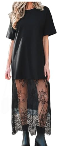 Maxivestido de Mujer de Manga Corta con Retazos de Encaje, maxivestido Estilo Camiseta Y2K con Retazos de Encaje, Vestido de Manga Corta con Dobladillo de Malla Transparente.
