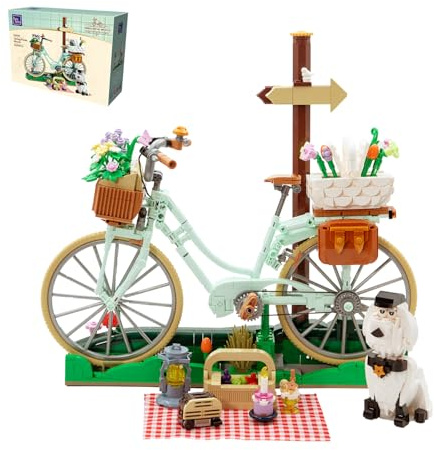 PANTASY Spring Picnic Bicycle Set di mattoncini da costruzione per bicicletta con scena di picnic primaverile, modello decorativo per adulti, idea regalo per gli amanti della bicicletta e dei fiori