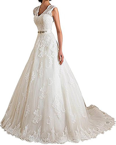 XUYUDITA Coprispalle in Pizzo con Scollo a V a Doppio Giro Appliques A Line Abiti da Sposa per la Sposa 2019 Bianco-42