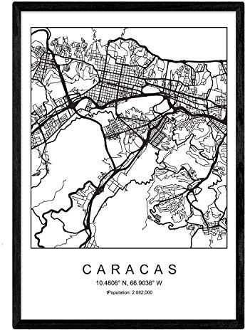 Nacnic Lámina Mapa de la Ciudad Caracas Estilo nordico en Blanco y Negro. Poster tamaño A3 Sin Marco Impreso Papel 250 gr. Cuadros, láminas y Posters para Salon y Dormitorio