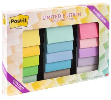 Post-it Super Sticky Notes, 15 Sticky Note Pads, 3 x 3 in, School Supplies, Office Products, Notes for Vertical Surfaces, Monitors, Walls and Windows, Assorted Colors