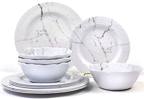 Juego de vajilla de melamina de 12 piezas, para uso en interiores y exteriores, irrompible, ligero, sin BPA, servicio para 4, patrón de mármol