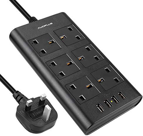 Surge Protected Extension Lead, AUOPLUS 6 Gang Power Strip with 4 USB Port, Multi Plug Charging Station for Phone/Tablet/Laptops, Power Extension for Home & Office - 2 Meter Cord - Black