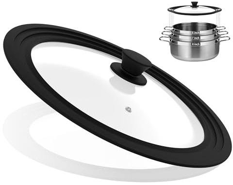 Universal Lid for Pots, Pans and Skillets Vented Tempered Glass with Heat Resistant Silicone Rim, Fits 6 inch, 7 inch, 8 inch Cookware, Replacement Lid, Black