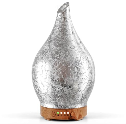 Porseme Diffusore di aromi, in vetro, 150 ml, soffiato a mano, umidificatore a ultrasuoni, silenzioso, 7 LED che cambiano colore, ultime 6 ore, umidificatore per ambienti con timer, yoga, SPA