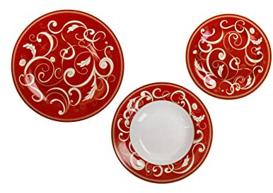 BRANDANI SERVIZIO TAVOLA PIATTI 18PZ PORCELLANA FILO D' ORO ROSSO NATALIZIO NATALE 52706