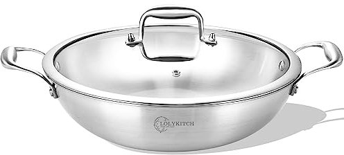 LOLYKITCH Dreilagige Wokpfanne mit Deckel, Edelstahl, 30,5 cm, Induktions-Wok (5 QT)