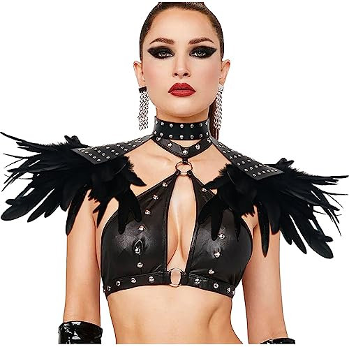 keland Gothic Leder Feder Epauletten Schulterklappen Schulterschmuck Umhang Schultertuch mit Halsreif Punk Halloween Kostüm Accessoire (C-Schwarz)