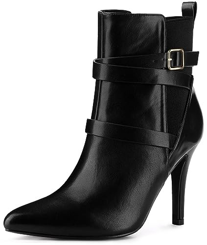Perphy Pointy Toe Elastic Cross Straps Stiletto Heel Ankle Boots for Women Black 7 UK/Label Size 9 US