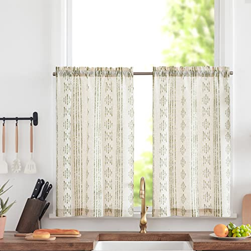 TOPICK Boho Linen Blend Kitchen Cafe Curtains Green 2 Panels W26 xL36 | 36 Inch Drop Small Curtains Light Filtering Tier Curtain for Bathroom RV Basement Sink Cupboard Rod Pocket