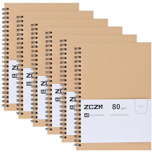 ZCZN Notizbuch A5 blanko, 6 Stück Spirale Notizblock, 60 Blatt, Heft für Büro und Schule