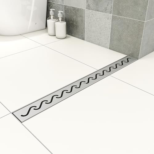 OCEAN ITALY Scarico Doccia a Pavimento 60cm, Canaletta di Scarico con Griglia di Onde, Canalina per Doccia in Acciaio Inox, Set Completo, Regolabile, Sifone Antiodore, Rettangolo