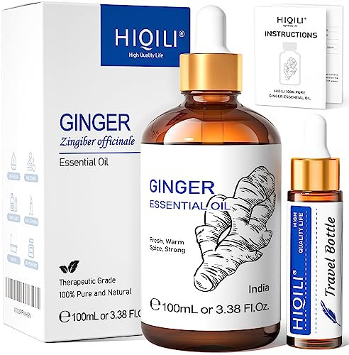 HIQILI Huile Essentielle Gingembre 100ml, 100% Naturelle, pour Massage, Peau, Cheveux, Diffuseur, Inclut Flacon Voyage 10ml