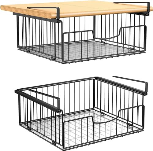 Unterregal Aufbewahrungskorb, 2 Stück Hängekorb Regal aus Metall, Unter Schrank Lagerung Organizer, Hängender Aufbewahrungskörbe für Küche, Speisekammer, Büro, Schreibtisch, Bücherregal (Schwarz)