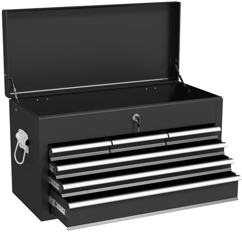HOMCOM 6 Drawer Tool Chest, Lockable Metal Tool Box with Top Case, Ball Bearing Runners, Portable Toolbox, 600mm x 260mm x 340mm, Black