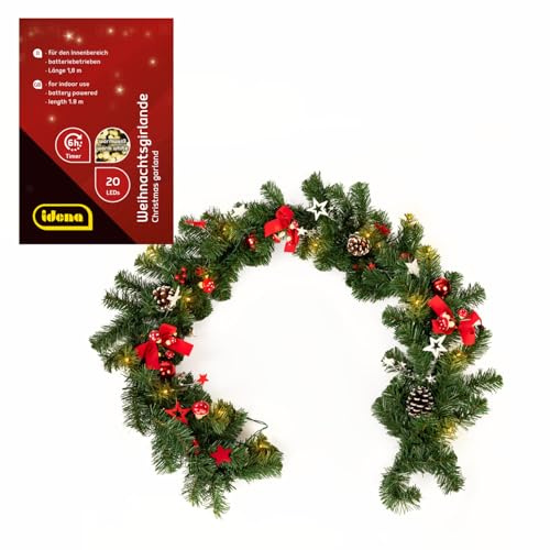Idena 30547 – LED-grangirlang med 20 lysdioder i varmvitt, ca 1,8 m lång, med 6 timmars timerfunktion, batteridriven, dekoration för inomhus, advents- och juldekoration