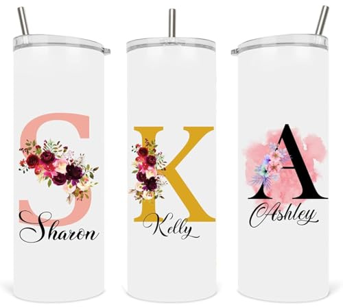EKAM Personalised Floral Tumbler Stylish Initial with Name - Travel Coffee Mug, 20oz Stainless Steel Tumbler Cup with Straw and Lid, Custom Cup Gift for Christmas Day, Birthday, Any Occasion