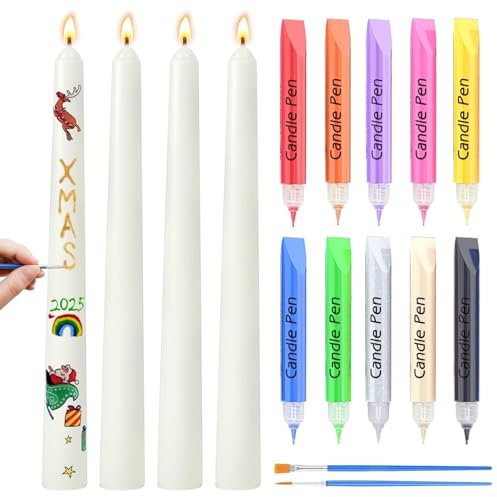 Bolosa Candle Painting Kit to DIY Advent Candles Christmas, Includes 4 Pcs 10'' White Taper Candles with 10 Colours Candle Pens and 2 Pcs Paint Brushes, Paint Your own Advent Candle Decorating Kit