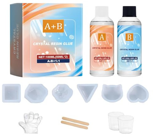 Epoxidharz-Set, Kunst- und Bastel-Epoxidharz,Klare Epoxidharz-Bastelarbeiten mit Formen | Fäustlinge und Messbecher im Lieferumfang enthalten. Kristall-Epoxidharz 1/1. Einfaches Mischgießen für Schmuc