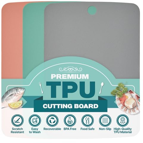 Firgi TPU Cutting Board Set of 3, BPA-Free Non-Slip Flexible Cutting Mats for Kitchen, Food Grade Silicone Chopping Boards - Dishwasher Safe Kitchen Essentials - 9 x 12