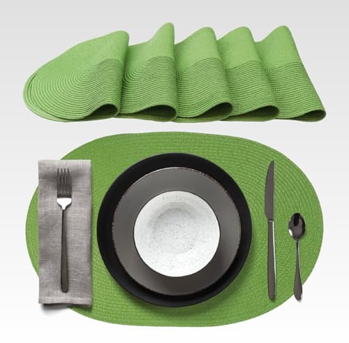 AGYO Lot de 6 Sets de Table ovales tressés 44 x 29,5 cm - Placemat Ovale en PP Vert, Lavable, antidérapant et Enroulable - Idéal pour Table, Cuisine et extérieur