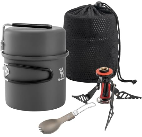 Qunature Set di Pentole da Campeggio 1,1L, Gavetta Campeggio Fornello da Picnic con Posate e Manico Pieghevole Portatile, Antiscottatura e Antiruggine, per Viaggiare Trekking Escursionismo