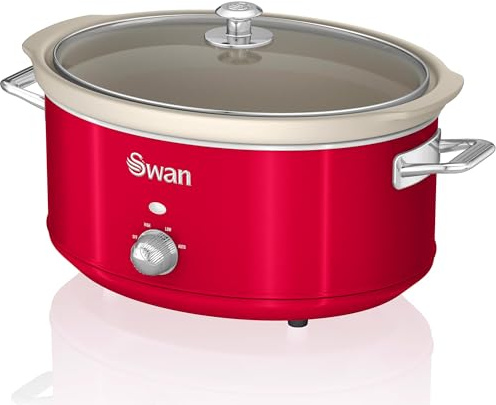 Swan Retro SF17031RNEU Schnellkochtopf, 6,5 l, abnehmbarer Behälter, antihaftbeschichtet, Keramik, frei von PFOA und PTFE, 3 Temperaturstufen, Glasdeckel, Slow Cooker, Vintage-Design, Rot, 320 W