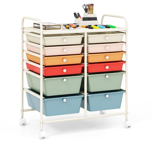 COSTWAY Chariot de Rangement à Roulette 12 Tiroirs en PP, Tour de Rangement avec Tablette, Cadre en Métal, Desserte Meuble Tiroir pour Cuisine Salle de Bain École, 64x38x75cm (Multicolor)