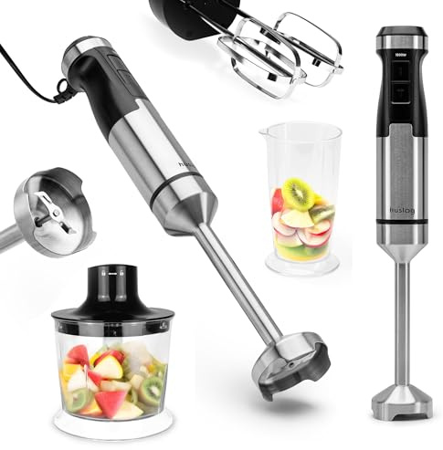 Huslog Blend Plus 3 en 1 Batidora de mano: batidora de alto rendimiento de 1500 W con cuchillas de acero inoxidable, picadora, batidor y vaso medidor de 600 ml. Velocidad variable y función turbo