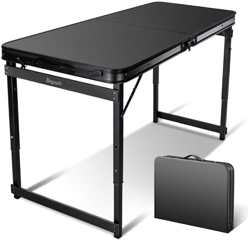 Mesa Plegable de Camping 100x60 cm, altura ajustable 45/52/60 cm (3 niveles), con asa; aluminio tubo cuadrado con doble barra, tablero MDF fácil de limpiar, ligera y fácil de transportar para caravana