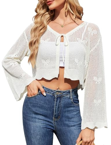 LYNYMUA Cardigan d'été festif pour femme avec nœud sur le devant, manches longues, crochet, col en V, manches évasées, cardigan