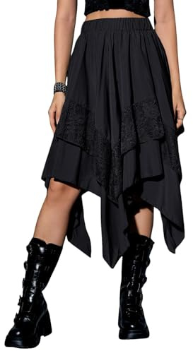 Falda Midi asimétrica Bohemia para Mujer con Ribete de Encaje, Cintura Alta, Vuelo y bajo en Forma de pañuelo. Falda Informal de Verano.