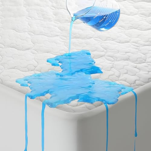 5 Sided Waterproof Mattress Protector, Queen Size Quilted Bamboo Rayon Mattress Cover, Breathable Cooling Noiseless Bed Fitted Sheets, Soft Bedding Pad with Deep Pocket Up to 18