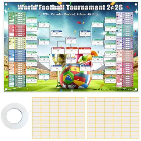 Poster Calendario Mondiale 2026, 100cm x 150cm, Copertura di tutte le 104 partite, inclusi i calendari (ora dell'Europa Centrale) e le sedi degli incontri