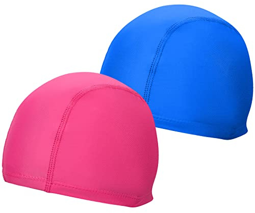 2 Pcs Elastic & Lightweight Swimming caps, Comfortable Fabric Swimming Hats for Women Men Kids and Adults, Unisex Nylon/Non-Slip Bathing Caps for Long Short Hair(Lake Blue+Rose Red)