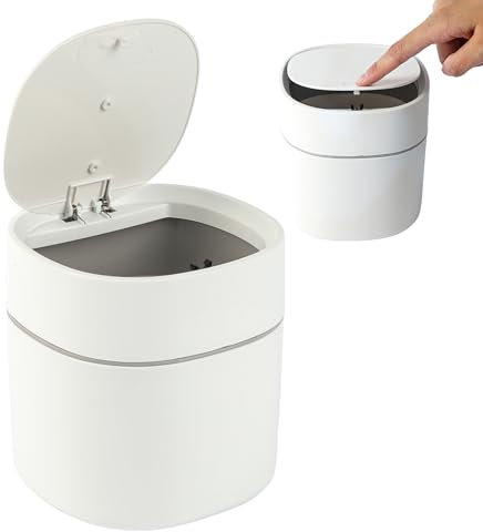 Bamodi Mini poubelle de 2 l, blanche, avec couvercle, pour collations, cosmétiques, déchets de cuisine, petite poubelle pour bureau, voiture, salle de bain, coiffeuse, peu encombrante et facile à