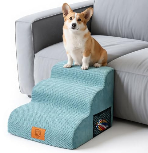 MASTERTOP Scale per Cani 3 Gradini, Scalini Antiscivolo per Gatti e Cani per Divano e Letto, Scaletta Schiuma Alta Densità, Copertura Impermeabile Lavabile (Blu islandese)