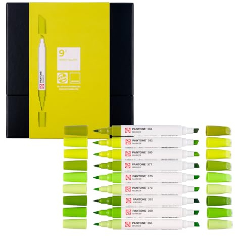 Talens | Pantone Marker 9er Set Green Yellow | Dual-Tip-Stift mit Pinselspitze und Keilspitze | Wasserbasierte, pigmentierte Tinte in Pantone-Farben