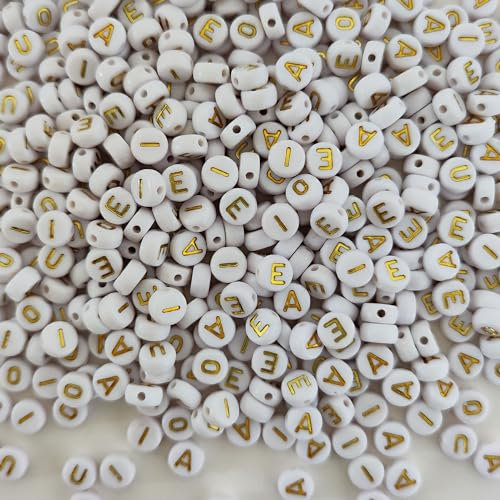 Gxadwzy 500 stück Buchstabenperlen Golden A E I O U, Vowel Buchstaben Perlen 4x7mm Weiß Rund Acryl für Schmuckherstellung