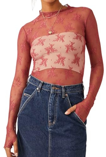 Caziffer Women's Lace Layering Top Long Sleeve Sheer Mesh Mock Neck Undershirt Y2K Lace Floral Tops See Through Shirt Blouse (Embroidery Flower Red, S)