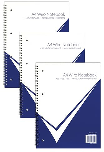 nu: A4 White Wirebound Notebook | Stationary, Office, School Notebook | Writing Pad | Gloss Card Notebook | 50 Pages | Pack of 3 | Office Range