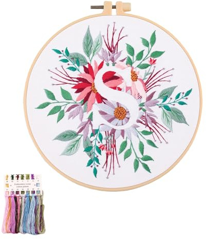 artcici Broderikit växt blomma blad engelska bokstavsmönster för nybörjare vuxna, komplett sortiment broderi startsatser korsstygn handarbete tillbehör (senare S)