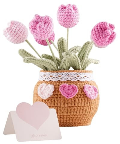 Thank You Gifts for Teachers Crochet Tulips Flower Pot - Handmade Large Crochet Flowers for Women, Graduation End of Year Appreciation Gifts, Positive Tulip Flower Gift for Boss Manager, Pink