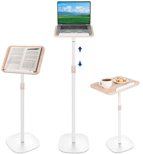 OUUTMEE Support de Lecture Réglable en Hauteur de 50 à 170CM, Support Pliable pour Ordinateur Portable, Support de Lecture en Bois, Bureau Portable pour Tablettes, Livres, Ordinateurs Portables(Blanc)