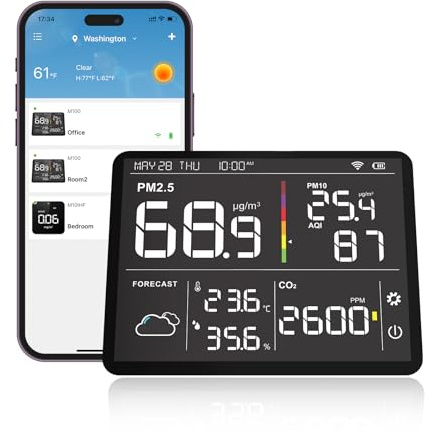 Temtop M100-UP Luftqualitätsmessgerät Wetterstation, 2.4G WLAN Bluetooth Thermometer mit App, 8-in-1 Luftqualitätsmessgerät (PM2.5/CO2/Temperatur/Feuchtigkeit)