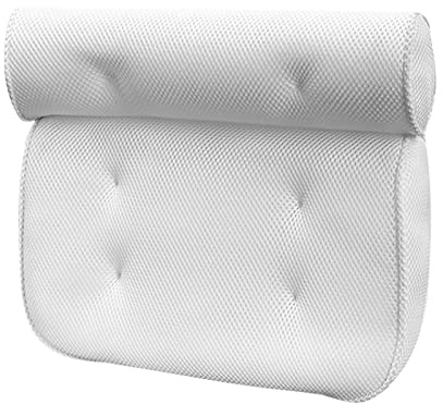 Fictory Almohada de baño de tela de malla 3D, cojín de spa suave con ventosas para apoyo de espalda y cuello, comodidad relajante para la bañera, color blanco