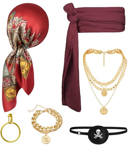 Alaoo Kit Accessori Pirata, 6 pezzi Capitano Pirata Costume Accessori Include foulard, cintura, mascherina per gli occhi, collana, braccialetto, orecchini, per Halloween Carnevale Festa(6pcs)