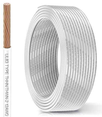 THHN Wire 12 Gauge 100FT, UL83 THHN/THWN-2 12 AWG Cable Stranded Copper with Nylon Jacket and PVC Insulation Building Wires for Residential, CNC, Panel Wiring, Circuit, Control(600V, White)