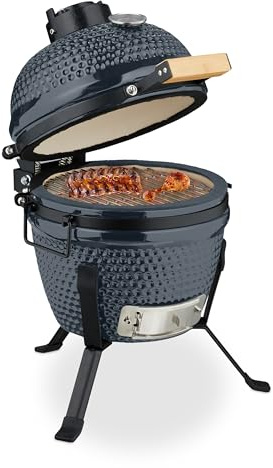 Relaxdays Barbecue a Carbonella Stile Kamado, Griglia Ø 26 cm in Ceramica, BBQ Carbone da Esterno Termometro 450°C